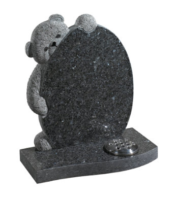 Blue pearl granite children’s headstone with hand carved Bentley Bear.