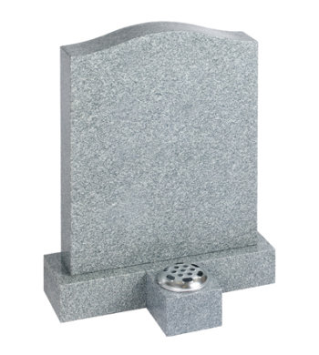 Honed indian grey granite headstone with a block base and small granite vase.