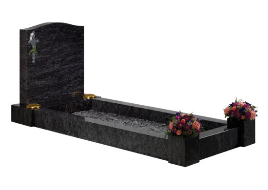 Lavender blue granite kerb memorial with simplistic kerbs and posts that accept flower containers.
