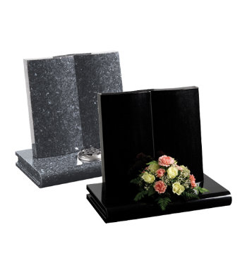 Blue pearl granite headstone with fully carved reclining book.