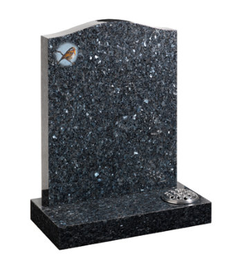 Blue pearl granite headstone with ogee top and Robin design.