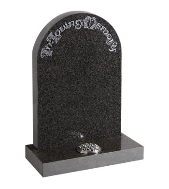 South African dark grey granite headstone with half round top and Celtic lettering.