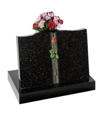 Star galaxy granite headstone with reclining book shape and tall vase.