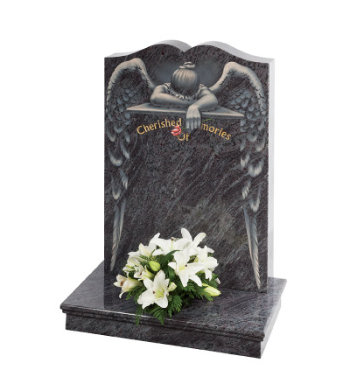 Lavender Blue granite headstone with heart ogee top and lamenting angel design.
