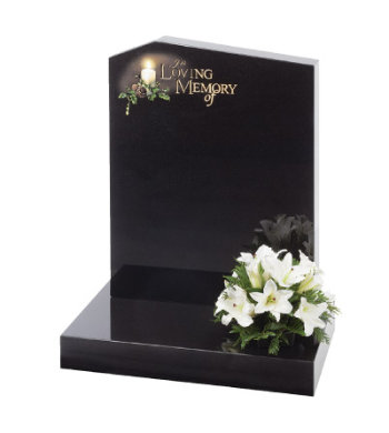 Black granite headstone with off-set pion top and eternal flame design.