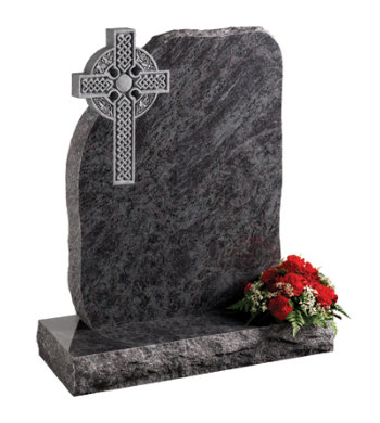 Lavender blue granite headstone of rustic shape with pitched edges and celtic cross carving.