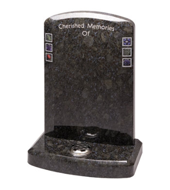 Butterfly blue granite headstone with stylish chamfers front and back.