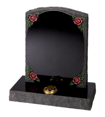 Black granite headstone of pitched sides and back with raised panel and roses.