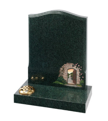 Evergreen granite headstone of ogee top with decorative moulding.