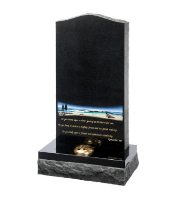 Black granite headstone of ogee top with pitched edges and dual finish base.