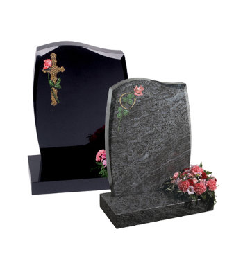 Black granite headstone with barrel sides and tapered chamfers.