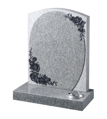 Indian light grey granite headstone with raised panel and carved roses.