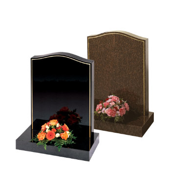 Black granite headstone of ogee shape with 10mm gilded pin line.