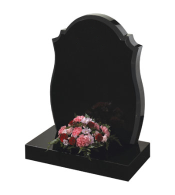 Black Granite headstone with centre round top, check shoulders and barrel sides.