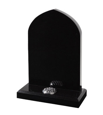 Black Granite traditional headstone with an Gothic shaped top.