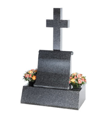 Impala grey granite headstone with detailed scroll and cross.