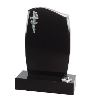 Black granite headstone of half ogee top with barrel sides and tapered chamfers.