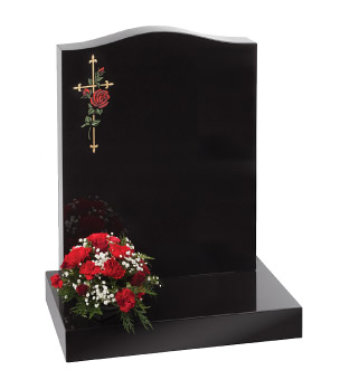Black granite headstone of ogee top with cross and rose design.