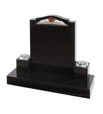 Black granite headstone of ogee top with stepped shoulders and wide base for black vases.