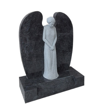 Lavender blue granite headstone with sculpted angel and polished granite wings.